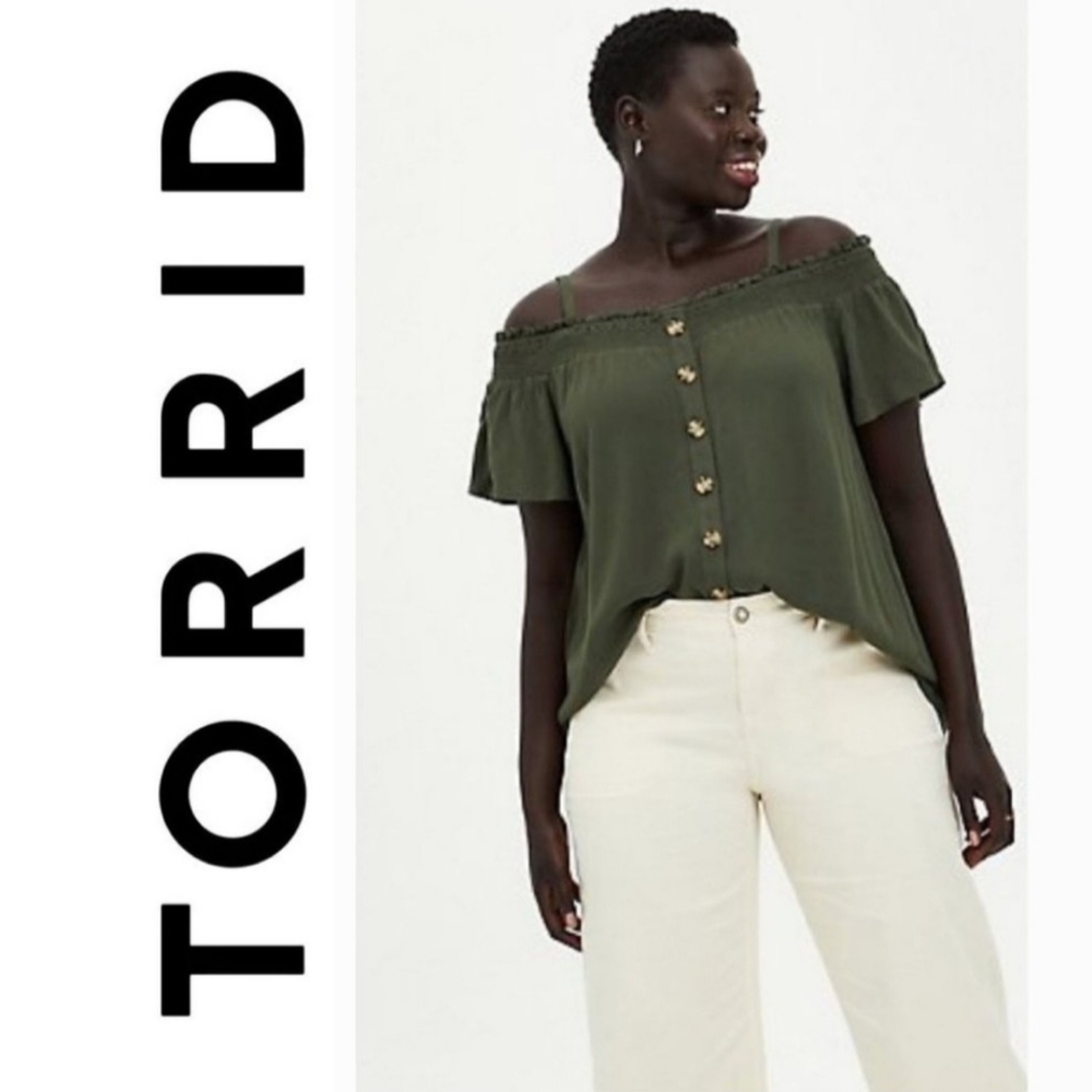 Torrid Olive Button-Front Off-Shoulder Blouse